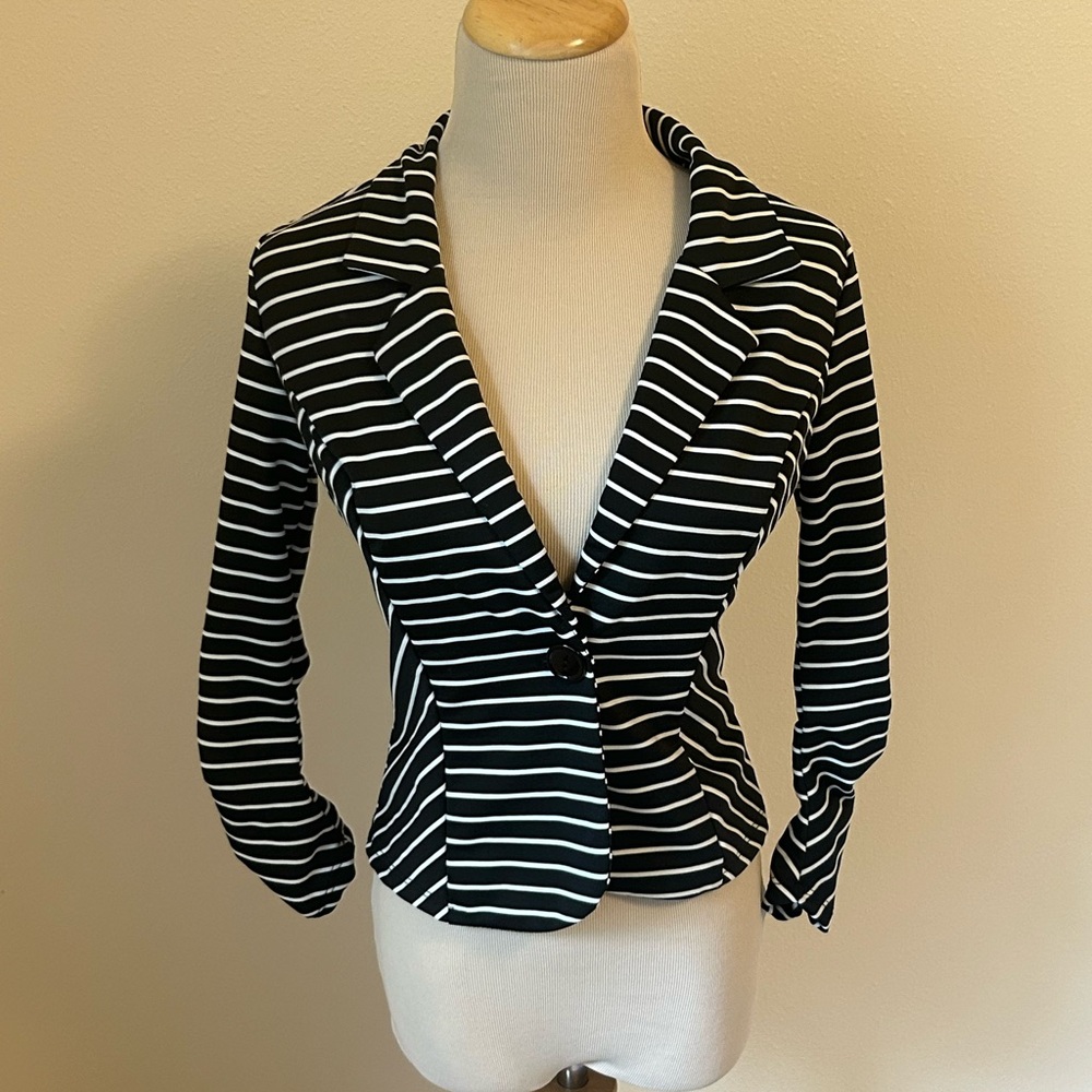 a'gaci Black and White Striped Blazer with Peplum Detail